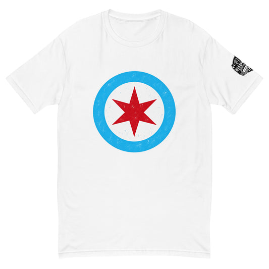 Chicago Star Short Sleeve T-shirt, white front view with red Chicago star and light-blue circle and sleeve logo