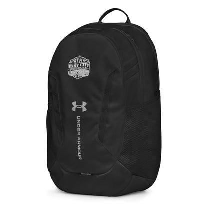 Under Armour Windy City backpack in black, front-left view