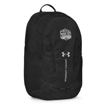 Under Armour Windy City backpack in black, front-right view