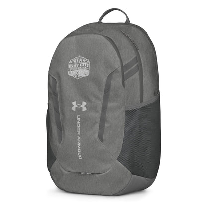 Under Armour Windy City backpack in Castlerock gray, front-left view