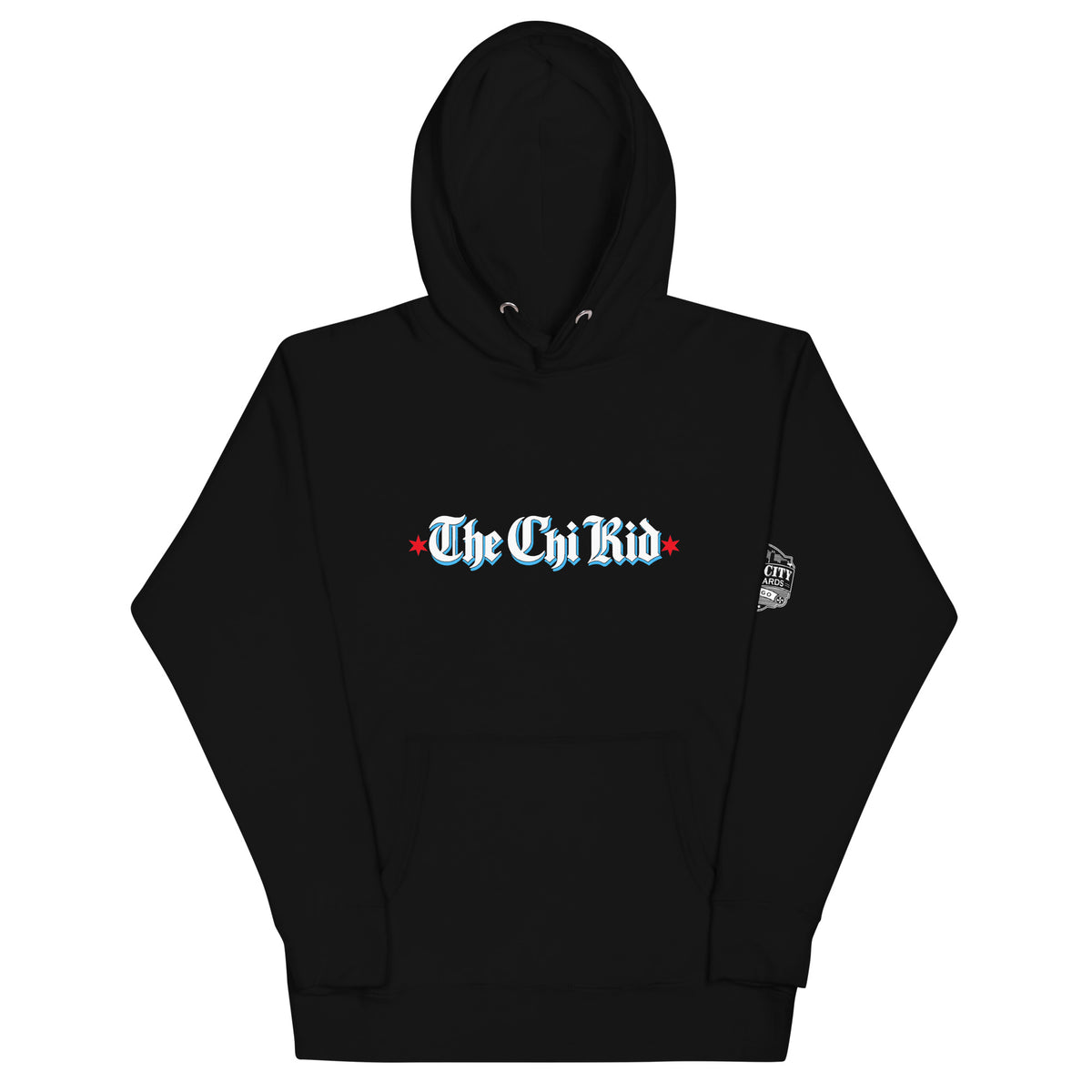 The Chi Kid black Chicago hoodie, front view with hood raised
