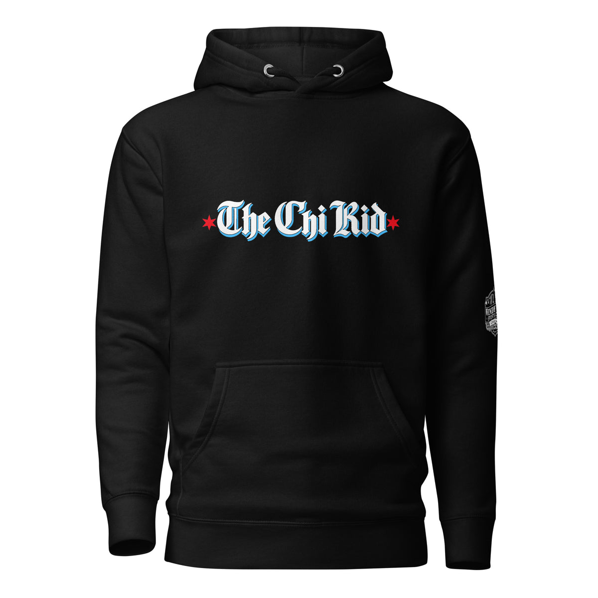 The Chi Kid black Chicago hoodie, front view with hood down