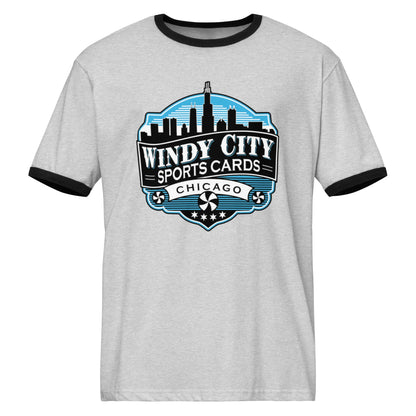 Windy City ringer T-shirt in heather gray and black, front view