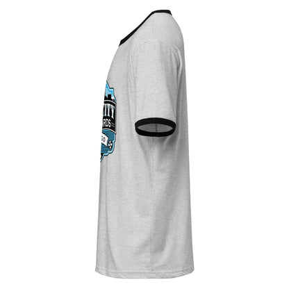 Windy City ringer T-shirt in heather gray and black, left-side view