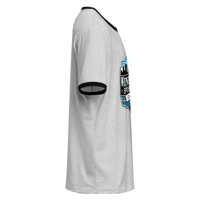 Windy City ringer T-shirt in heather gray and black, right-side view