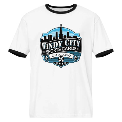 Windy City ringer T-shirt in white and black, front view