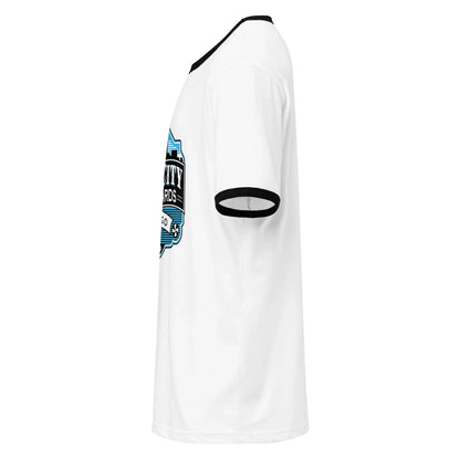 Windy City ringer T-shirt in white and black, left-side view