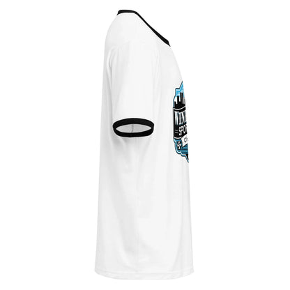 Windy City ringer T-shirt in white and black, right-side view